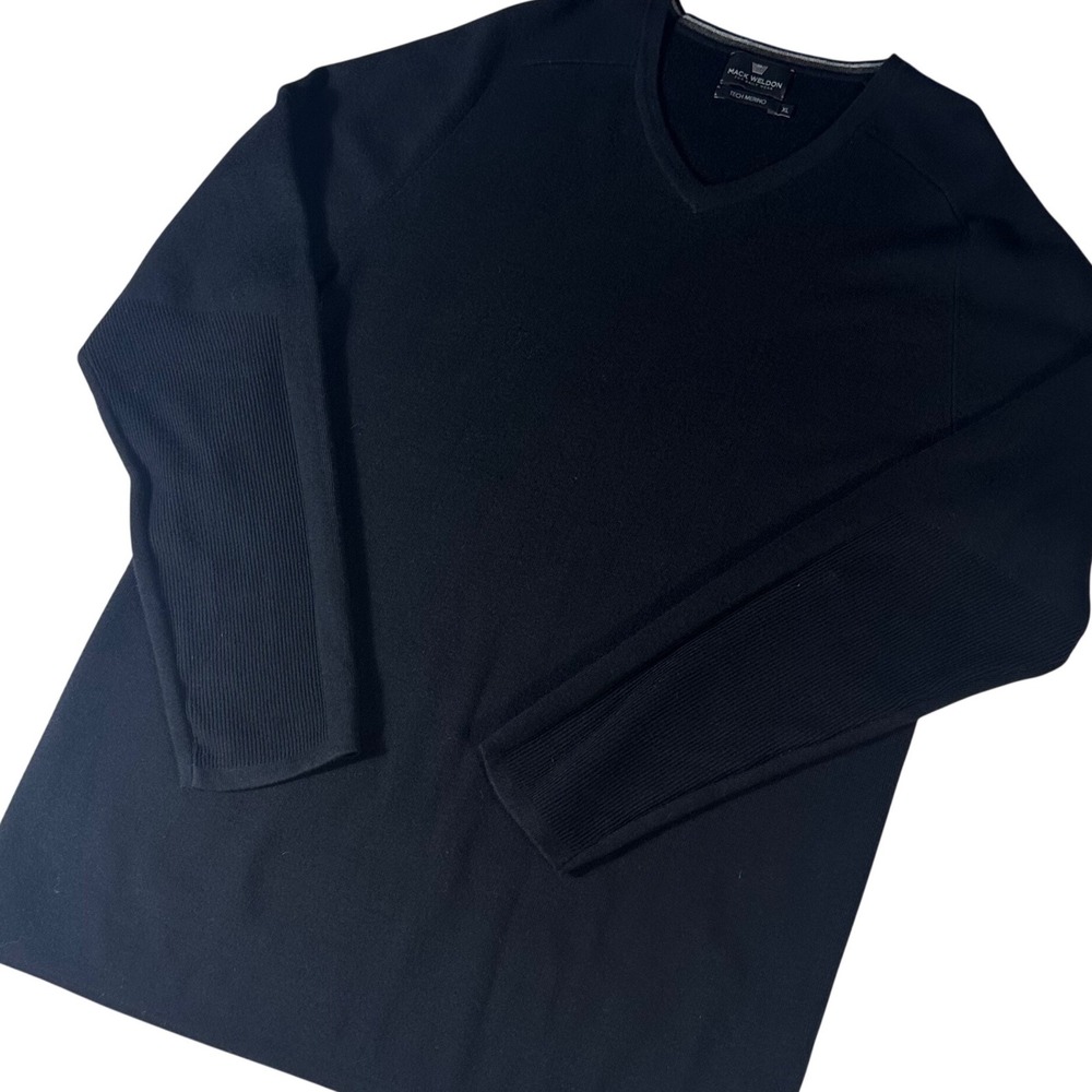 Mack Weldon V-Neck Sweater Mens XL Black Tech Merino Wool Ribbed Forearm